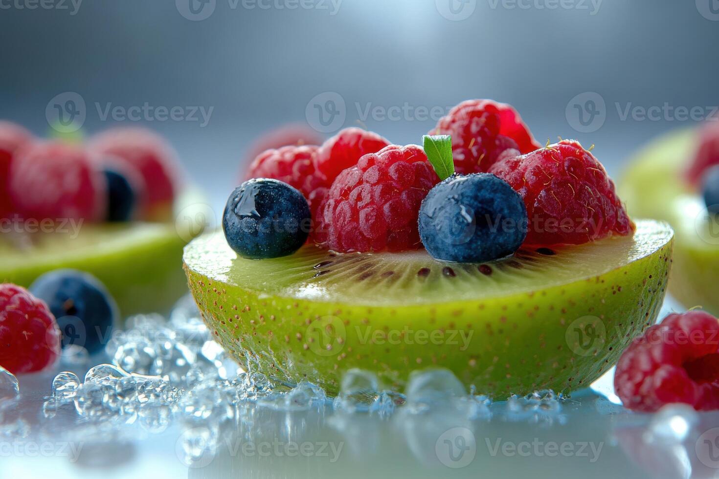 Freshly sliced kiwi bowls topped with raspberries and blueberries on a reflective surface photo
