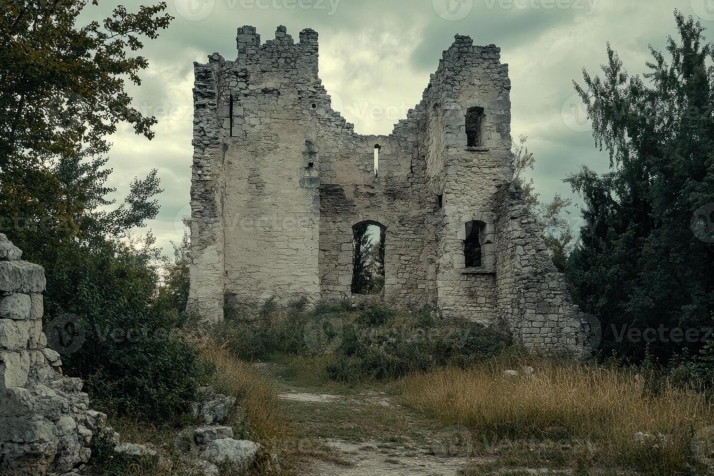 Ancient stone ruins surrounded by overgrown grass and trees under a cloudy sky at dusk photo