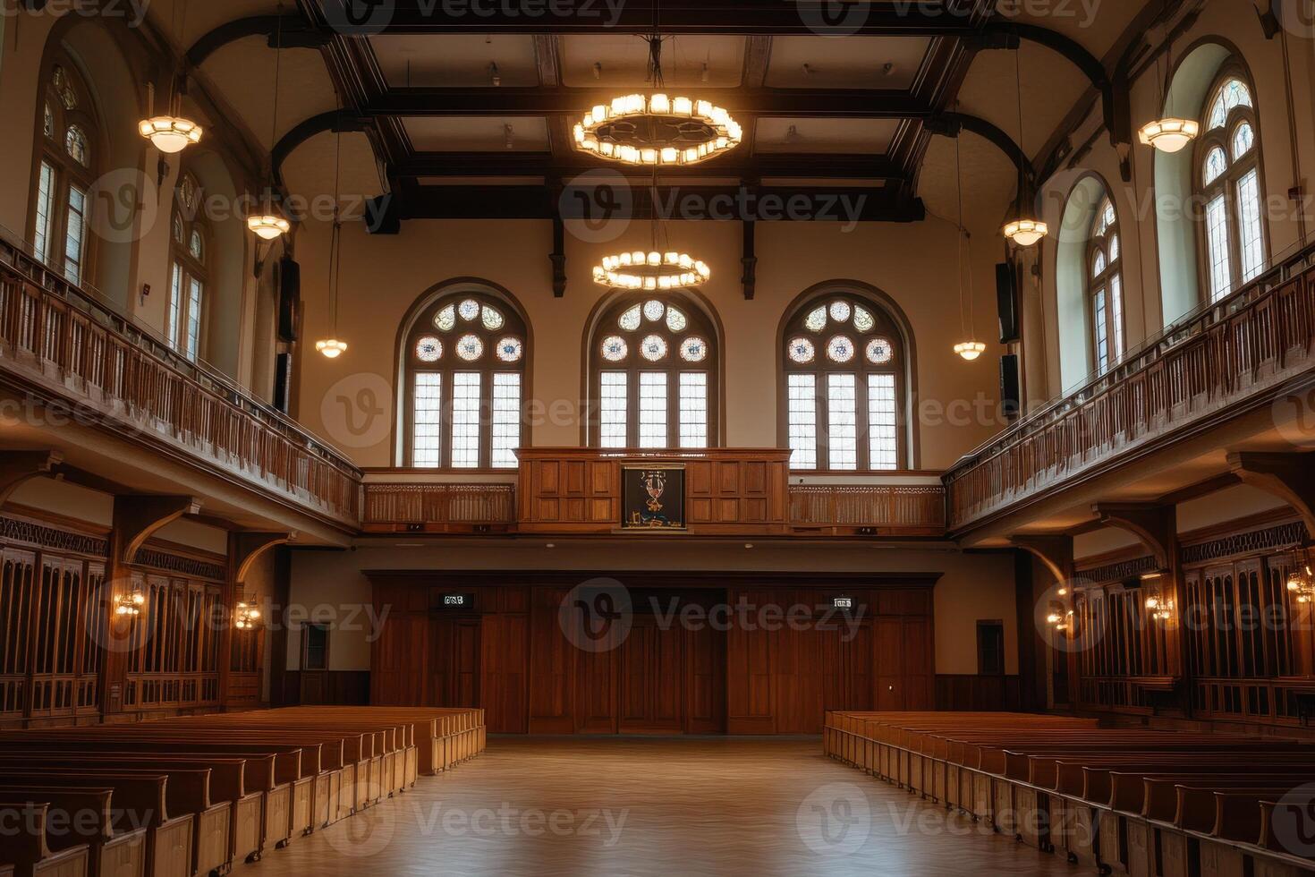 Elegant interior of a historic hall with wooden benches and large windows during the late afternoon hours photo