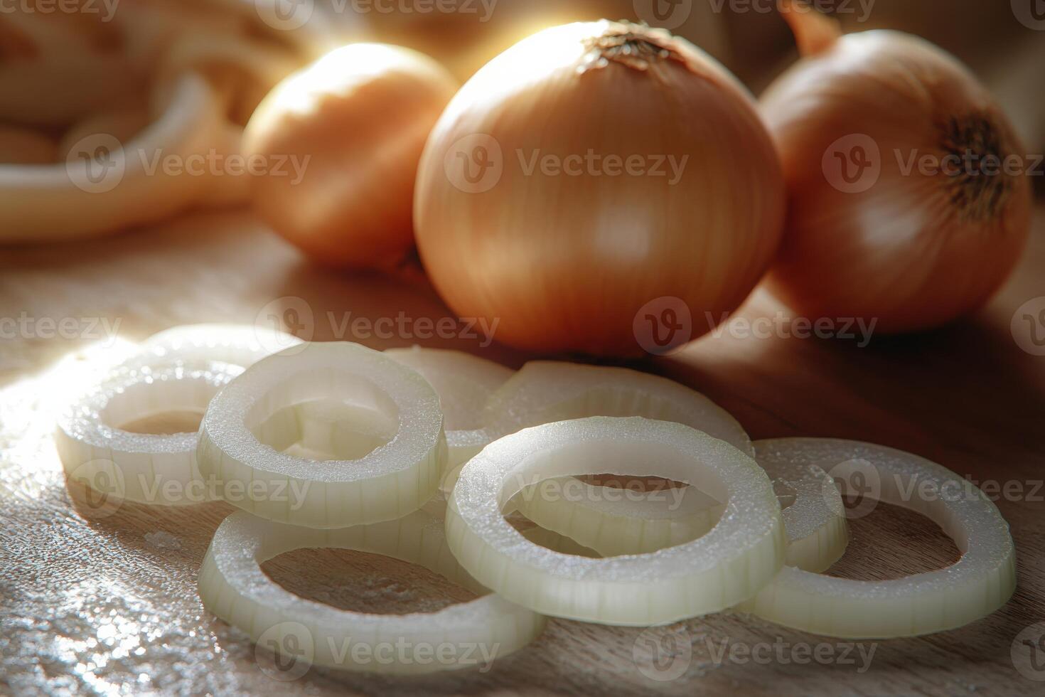 Freshly sliced onions on a wooden cutting board with whole onions in the background during early morning light photo