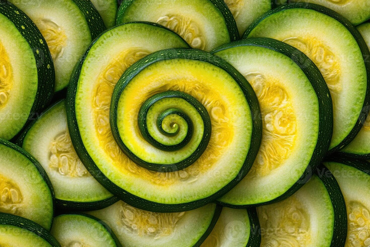 Freshly sliced cucumber arranged in a spiral pattern, showcasing vibrant green skin and bright yellow interior, ideal for salads or garnishes photo