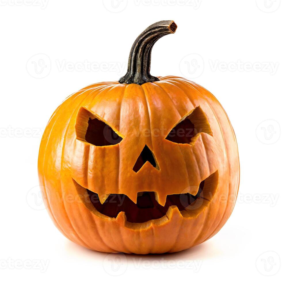 Carved orange pumpkin jack-o'-lantern with a cheerful scary face on a white background. Happy Halloween decoration concept photo