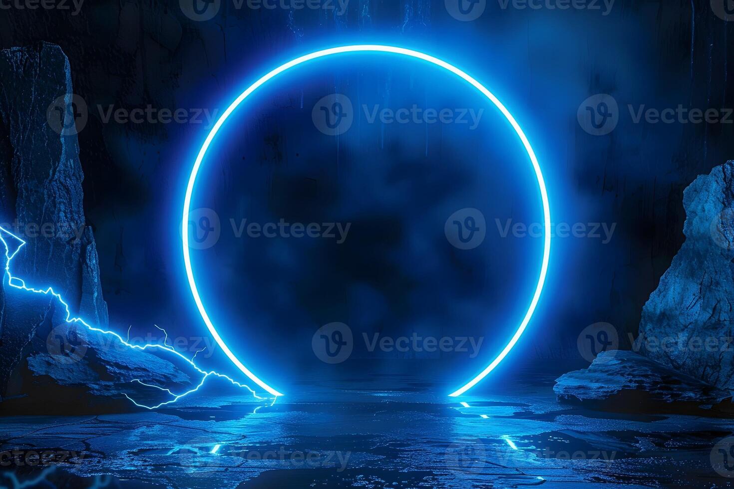 Glowing blue neon circle in a dark mysterious cave with lightning effect on a rocky background. Futuristic scene concept photo