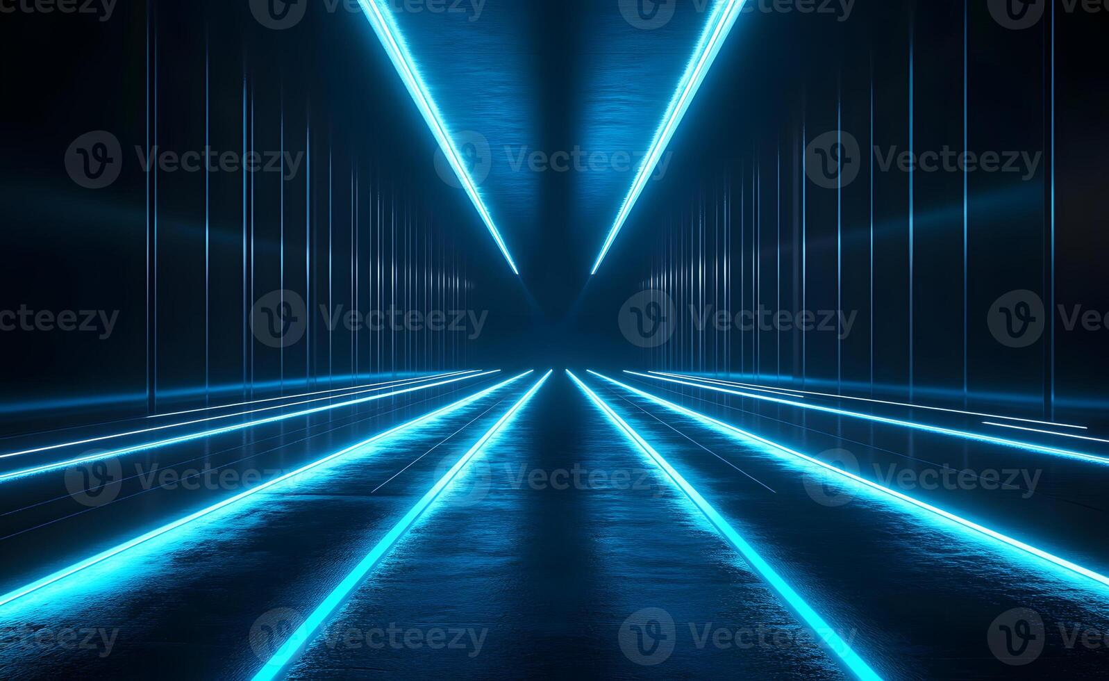 Futuristic corridor illuminated with neon blue light on a dark background. Creates a sci-fi atmosphere and demonstrates modern technological concepts photo