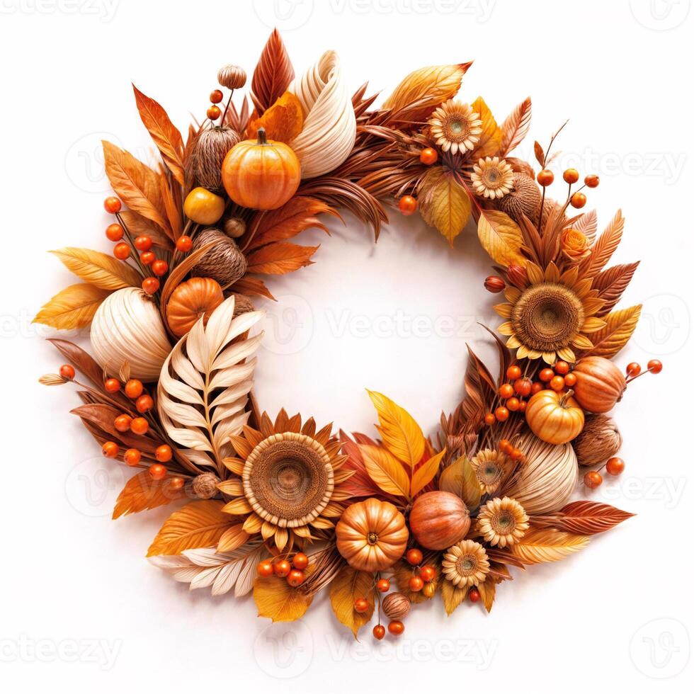 Beautiful autumn wreath with pumpkins, flowers, berries, and leaves on white background. Concept of fall and harvest season decoration. Illustration for Thanksgiving photo