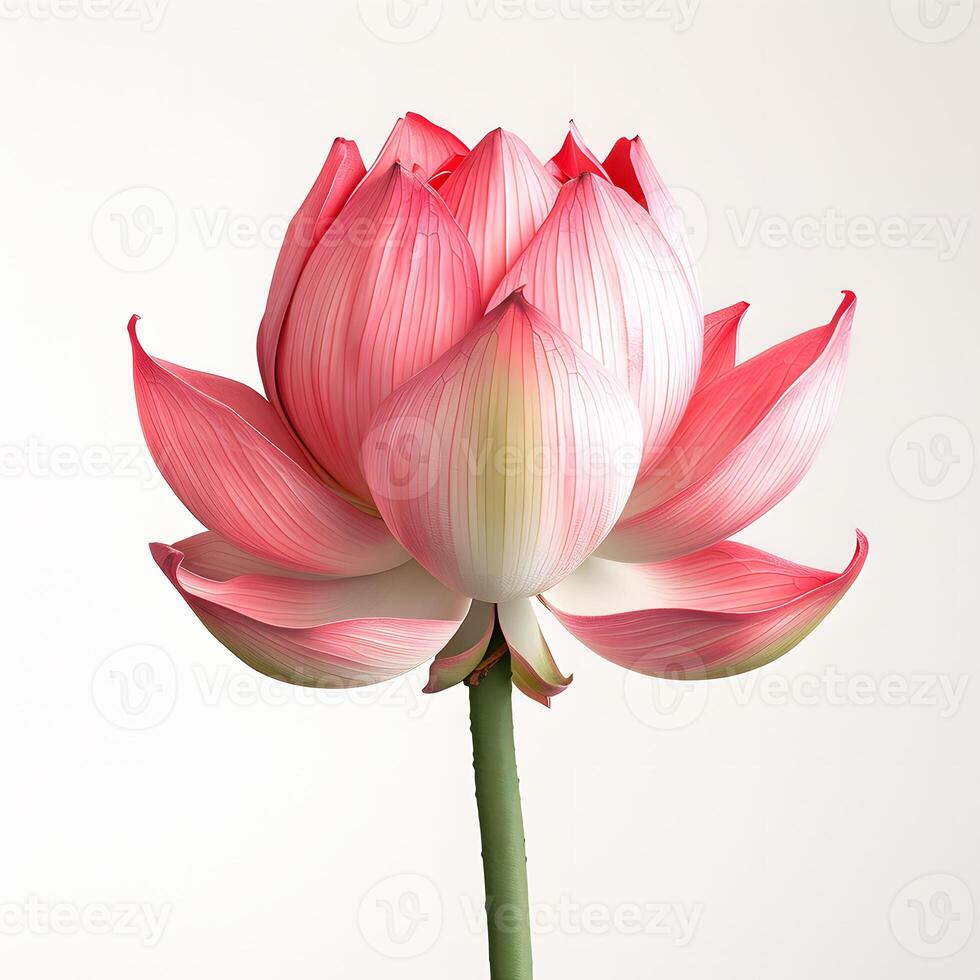 Close up of a beautiful pink lotus flower in bloom on a light background. Concept of nature, beauty and tranquility. Perfect for Diwali, Hindu festival, Vesak or Lotus Festival photo