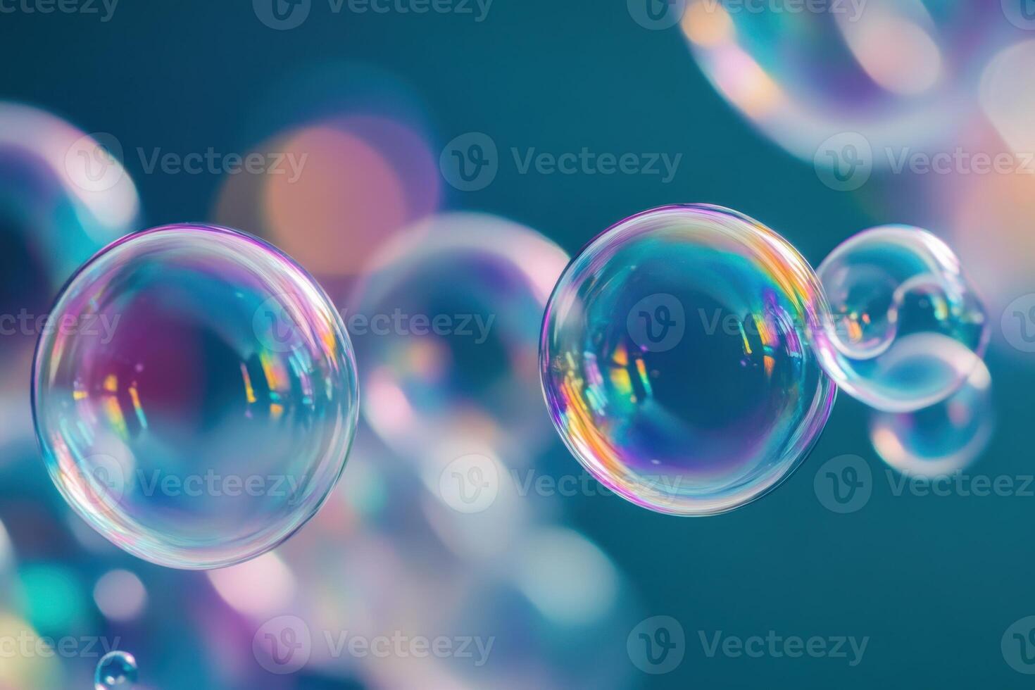 Colorful soap bubbles floating gracefully against a soft gradient background in a serene setting photo