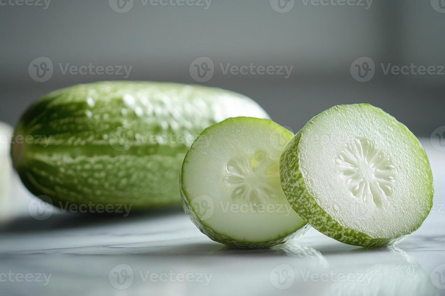 Fresh green cucumber sliced on marble countertop with whole cucumber in the background, showcasing vibrant color and texture photo