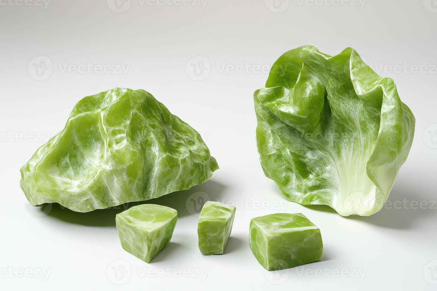 Fresh green lettuce and cubes of greens displayed creatively on a plain background during a culinary presentation photo