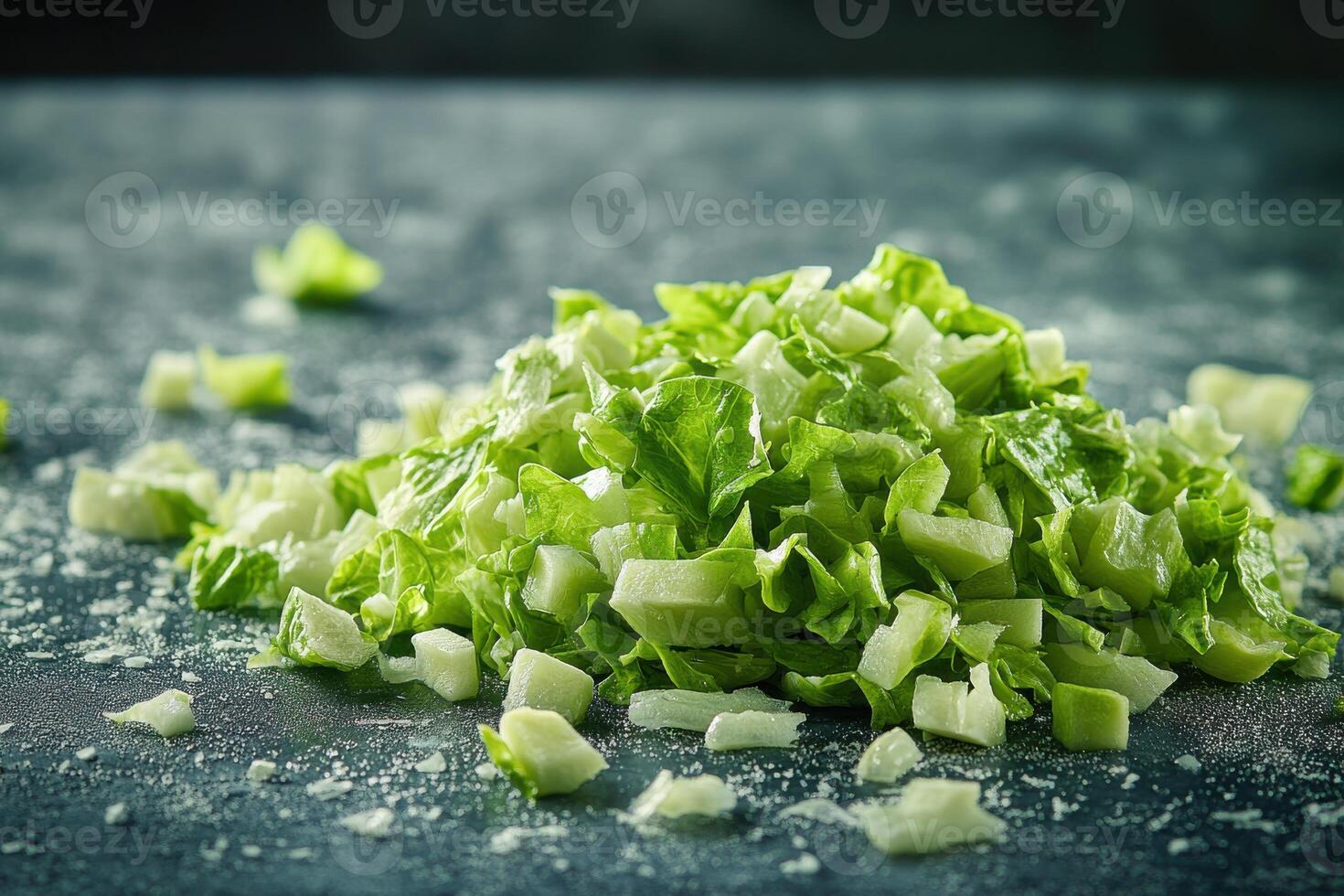 Freshly chopped green lettuce on a wooden cutting board ready for salad preparation in a bright kitchen photo