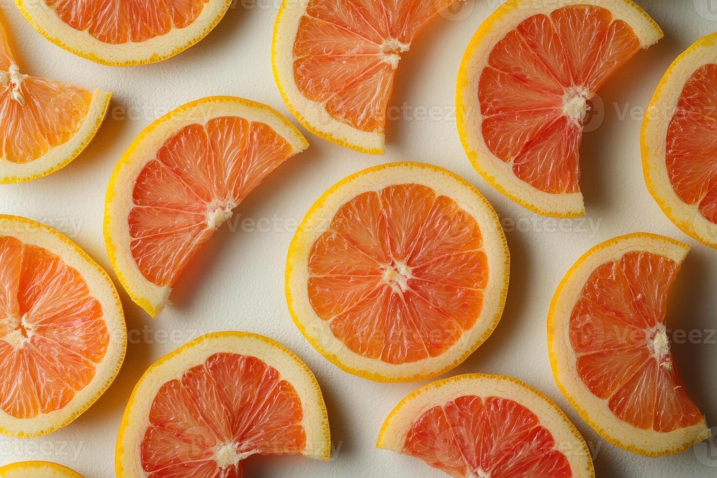 Sliced pink grapefruit arranged beautifully on a white background in natural light photo