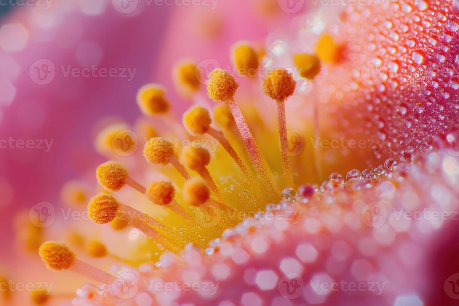 Close-up of water droplets on a vibrant pink flower revealing intricate stamen details in nature photo