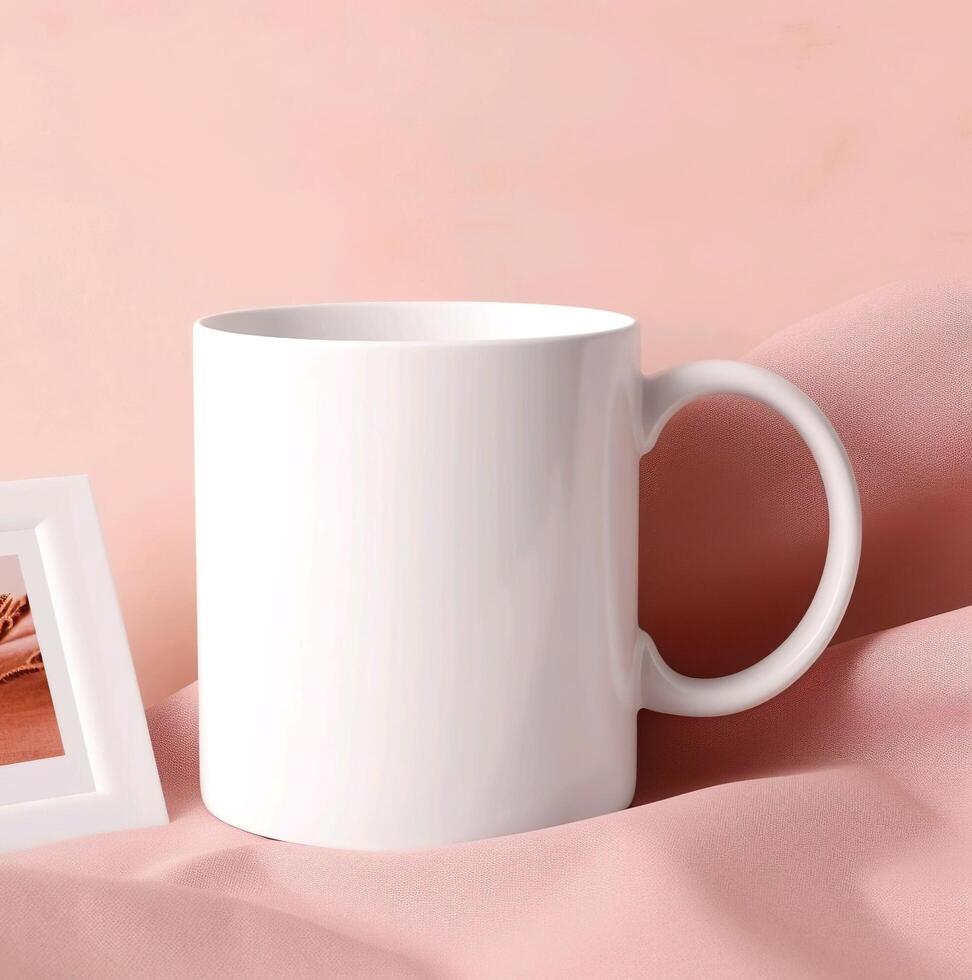 A white mug with a photo on it next to a pink pillow