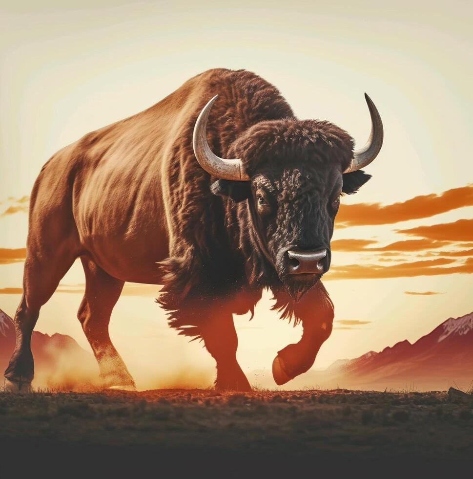 A bison is running across a field at sunset photo