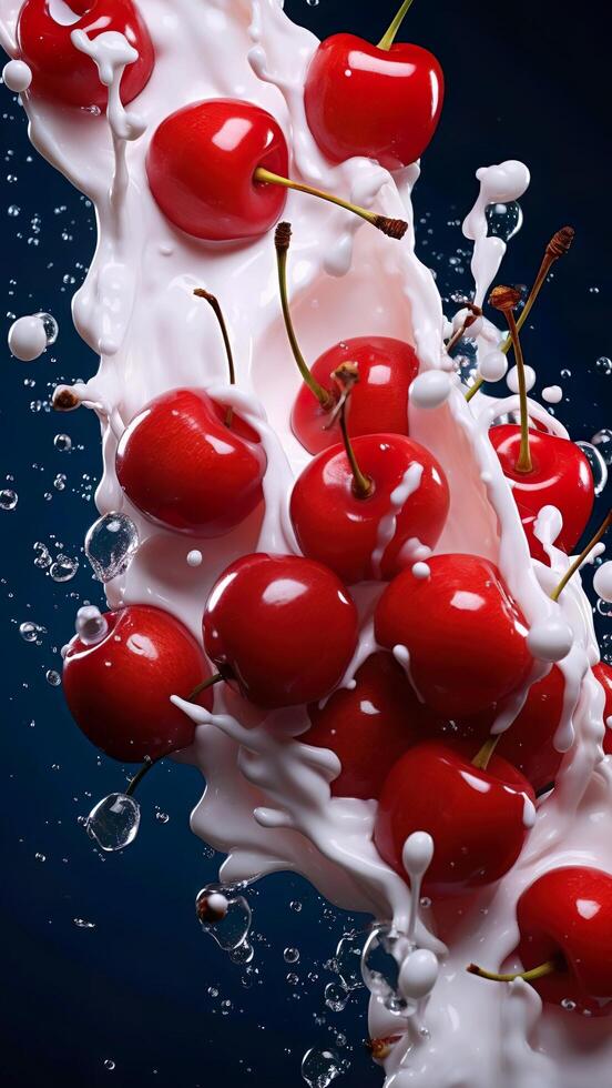 Cherries are being splashed with milk photo