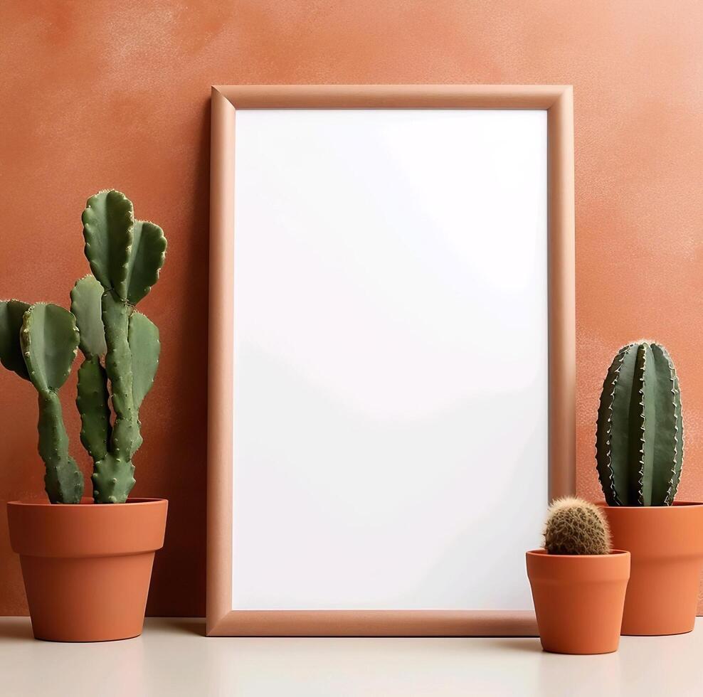Mock up with cactus plants and empty frame on a table photo