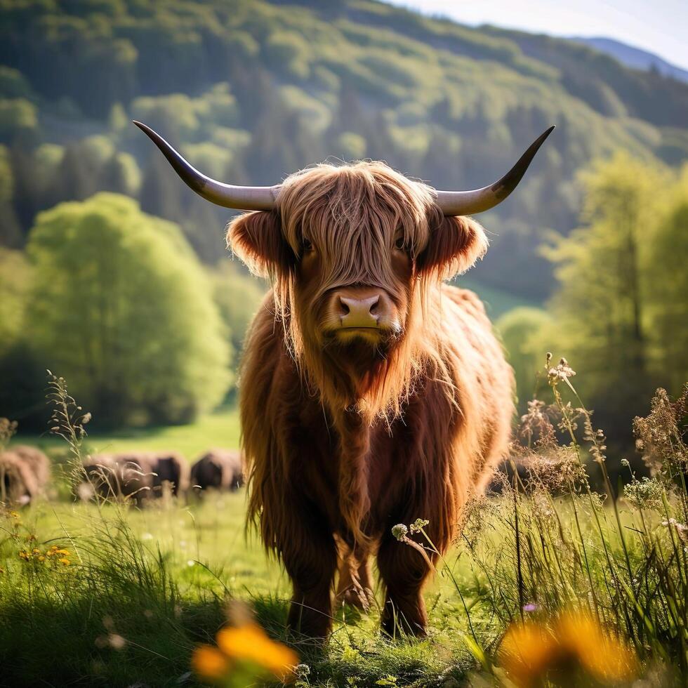A highland cow with long horns standing in a field photo