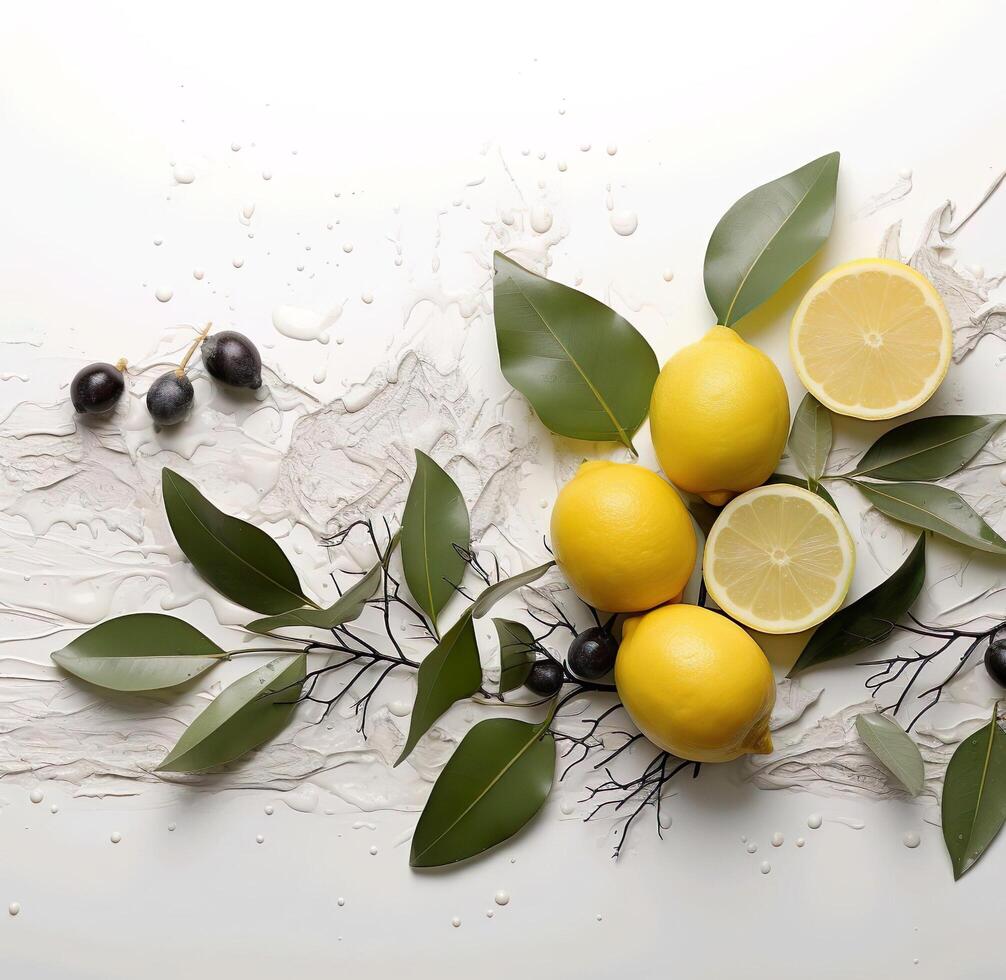 Lemon and black olives on a white background photo