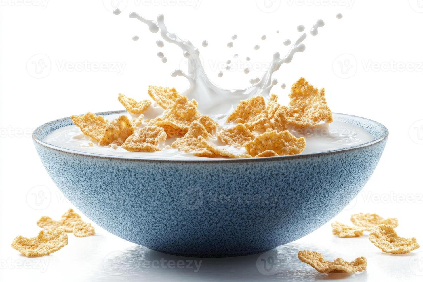 Flakes with splashes of milk on a white background. Cornflakes in a bowl. photo