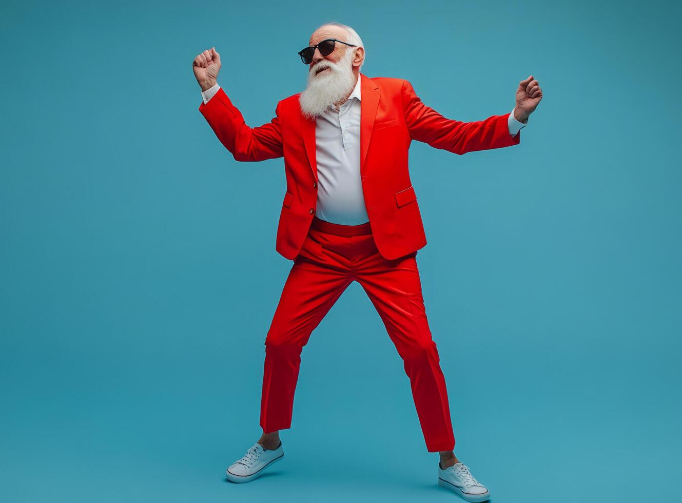 A photo of an elderly dancing man with a gray beard in a red suit on a blue background. The concept of a New Year's holiday, a birthday.