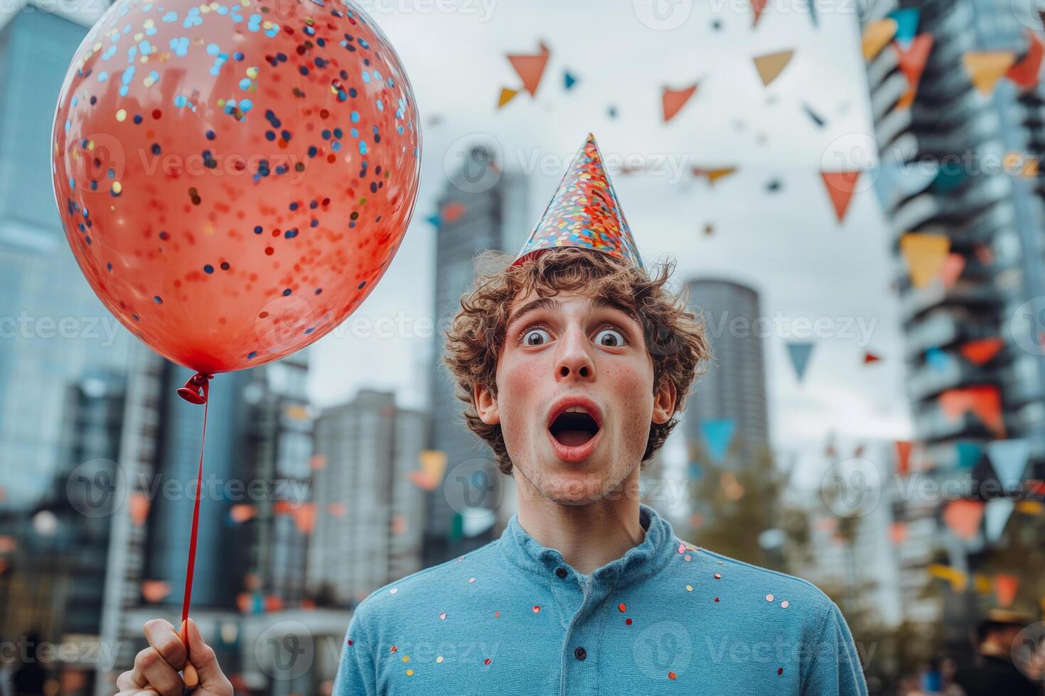 A young man in a festive hat holds a balloon in his hand with a surprised expression on his face. photo