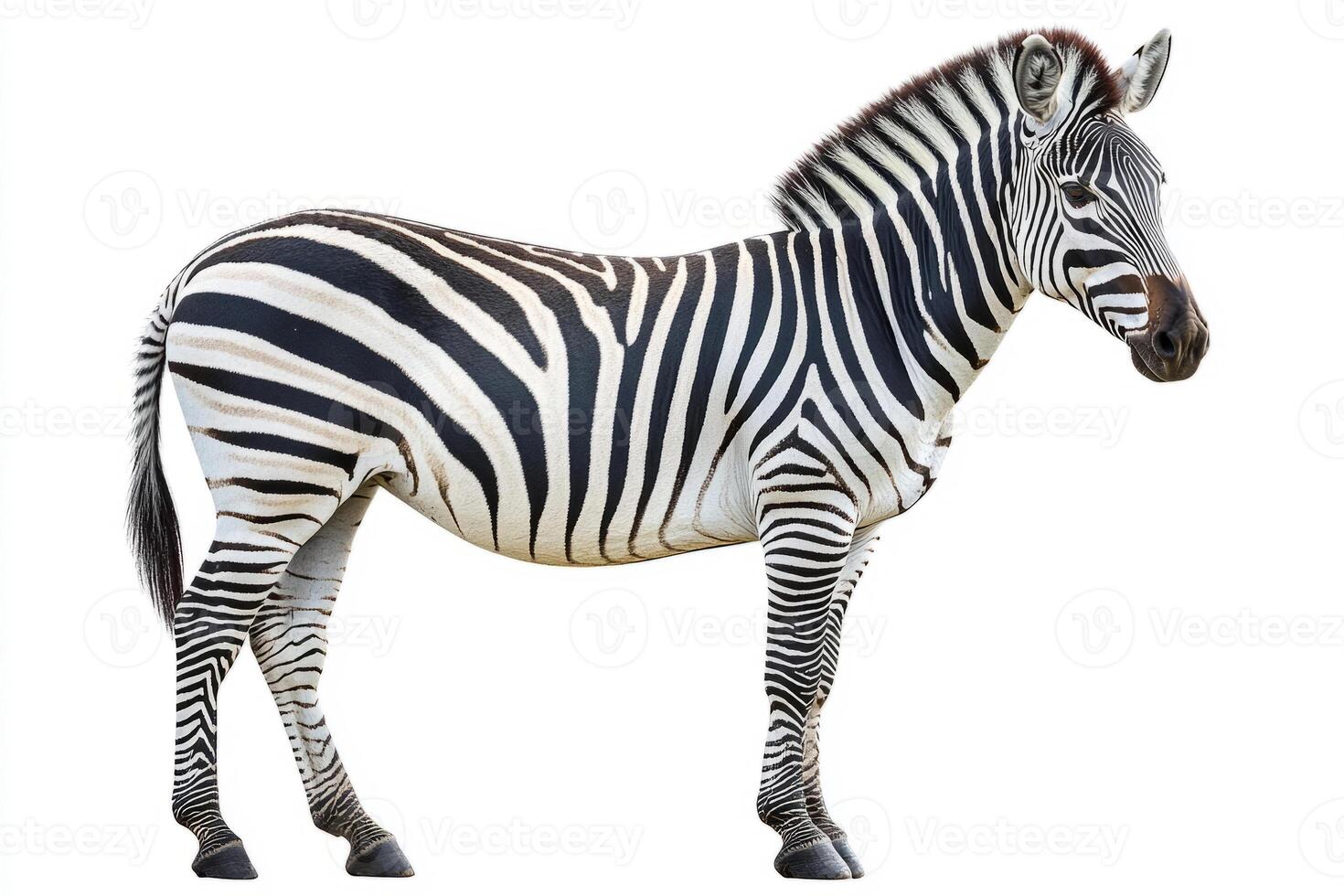 A full-length zebra standing alone on a white background photo