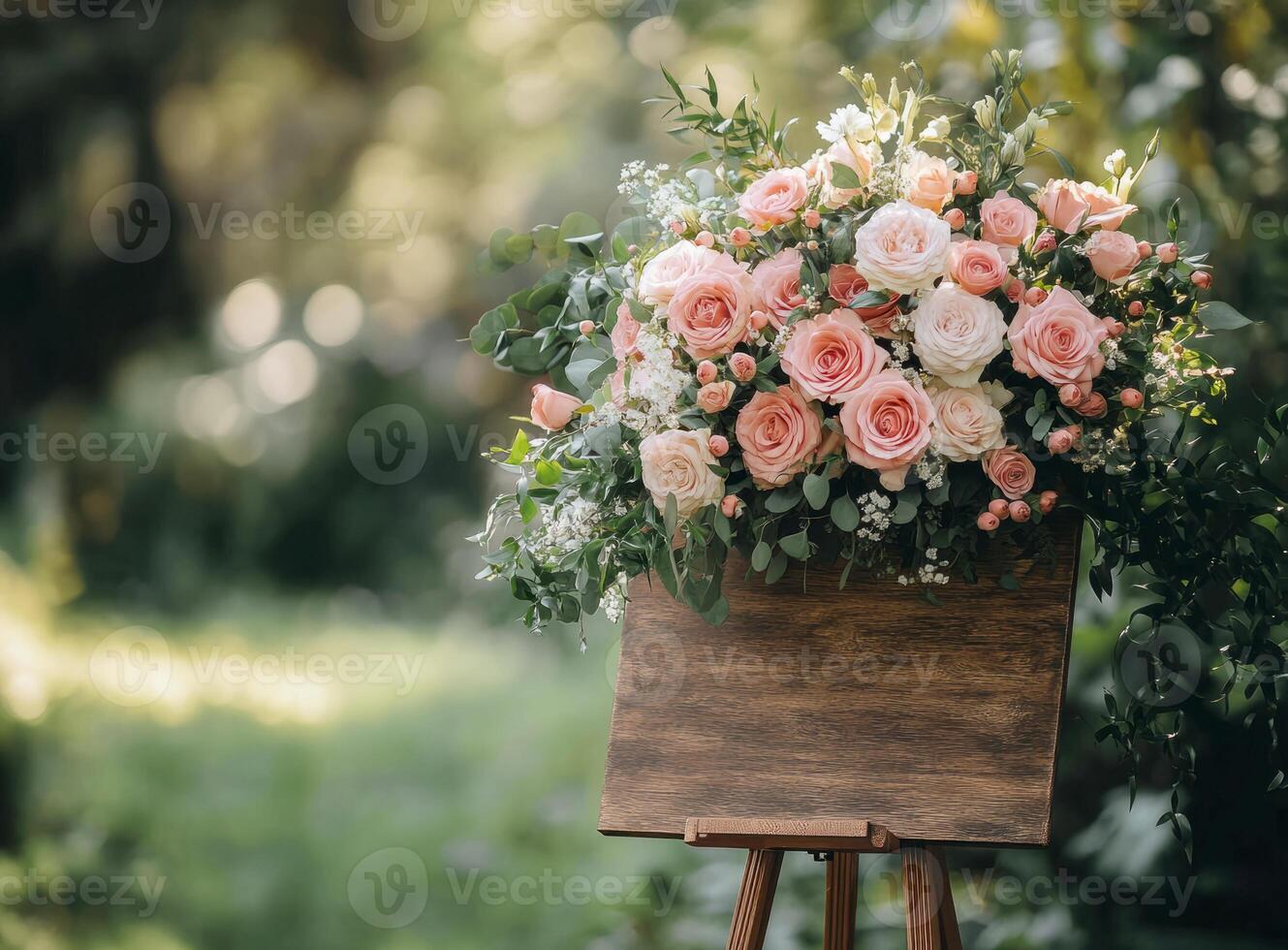 A wooden empty sign with a bouquet of flowers at a wedding ceremony in the garden on the background of a green lawn. photo