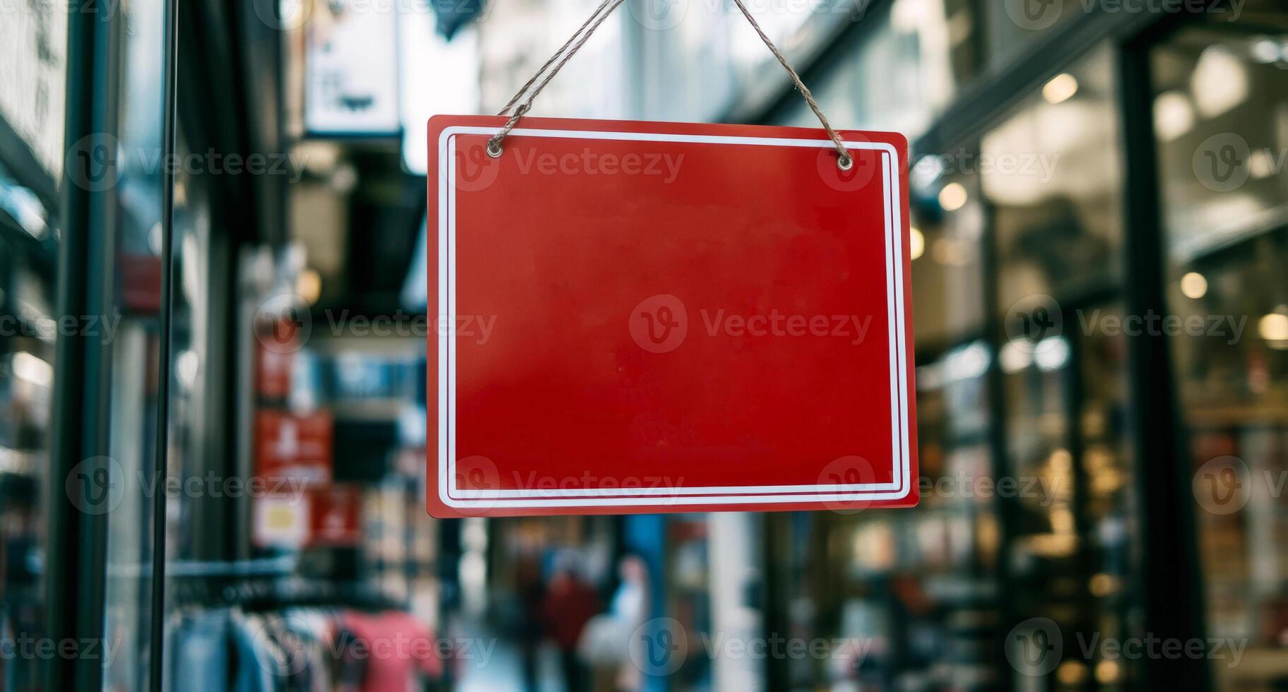 A photo of a billboard indicating a sale hanging on the glass door of a luxury store on a blurred background.