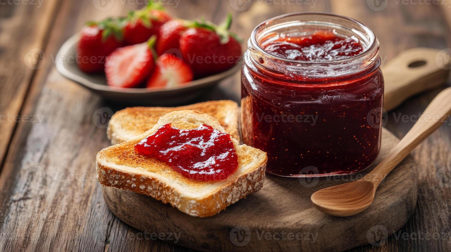 Strawberry jam in a jar and toasts with strawberry jam on the background photo