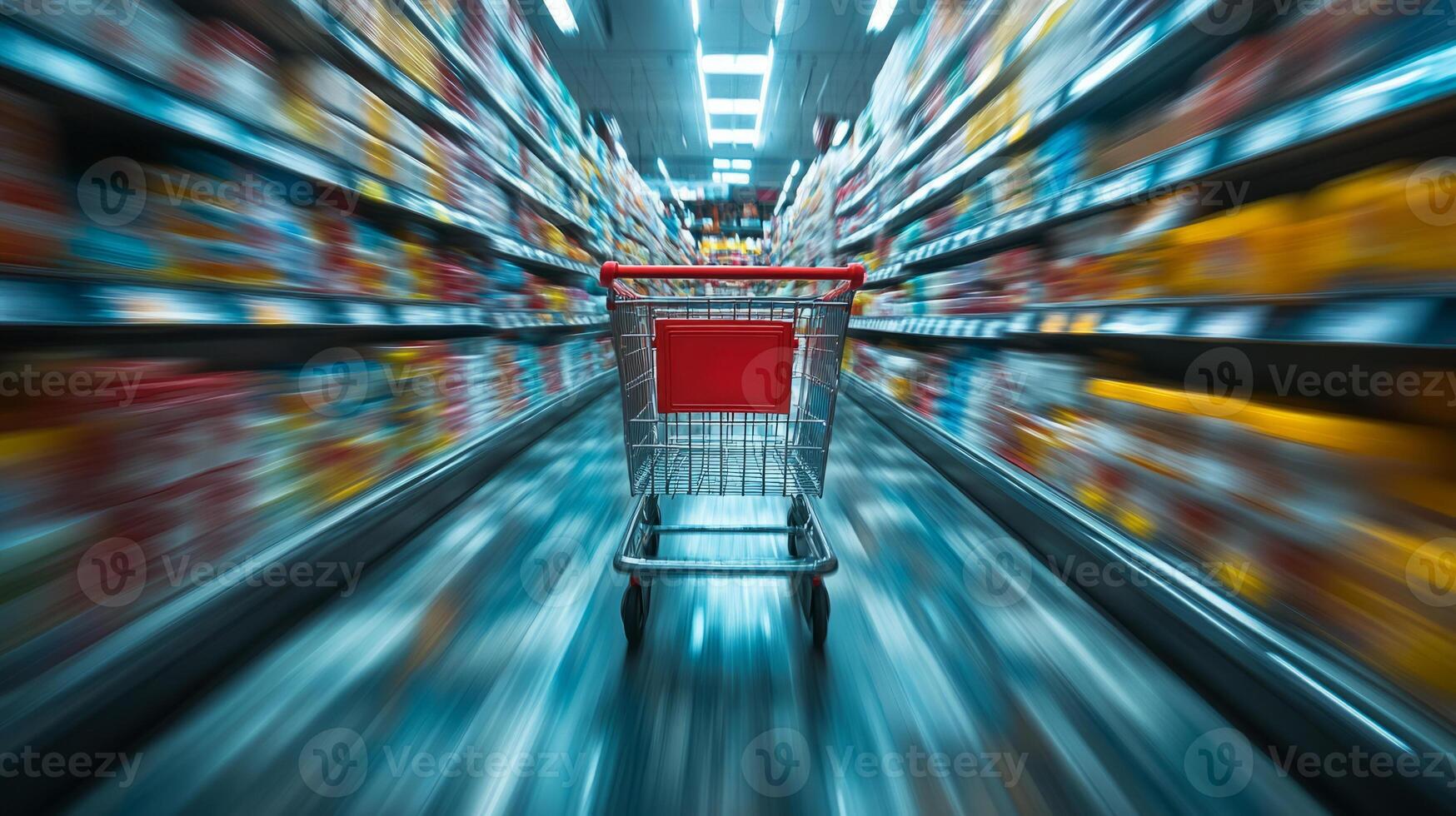 An empty shopping cart in a supermarket on a blurred background of shelves. photo