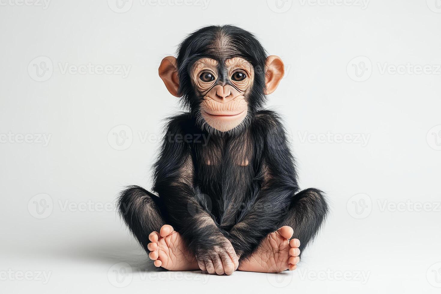 A photo of a young chimpanzee. The monkey is sitting on the floor and looking at the camera on an isolated white background.