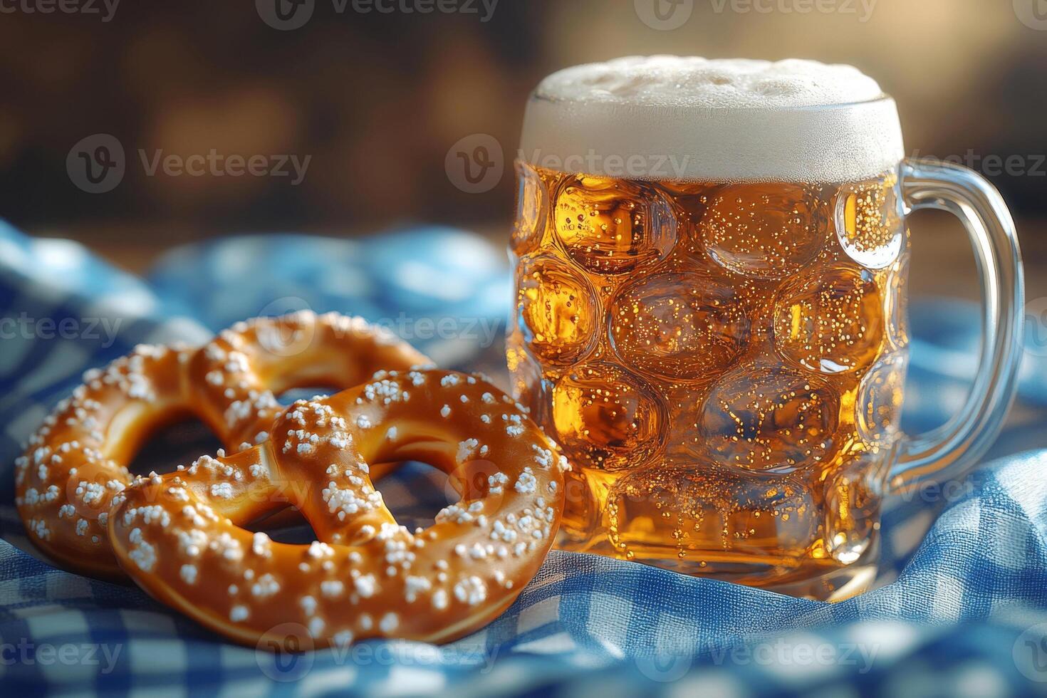 A photo of a beer mug and pretzels on a blue checkered tablecloth. The concept of the holiday.