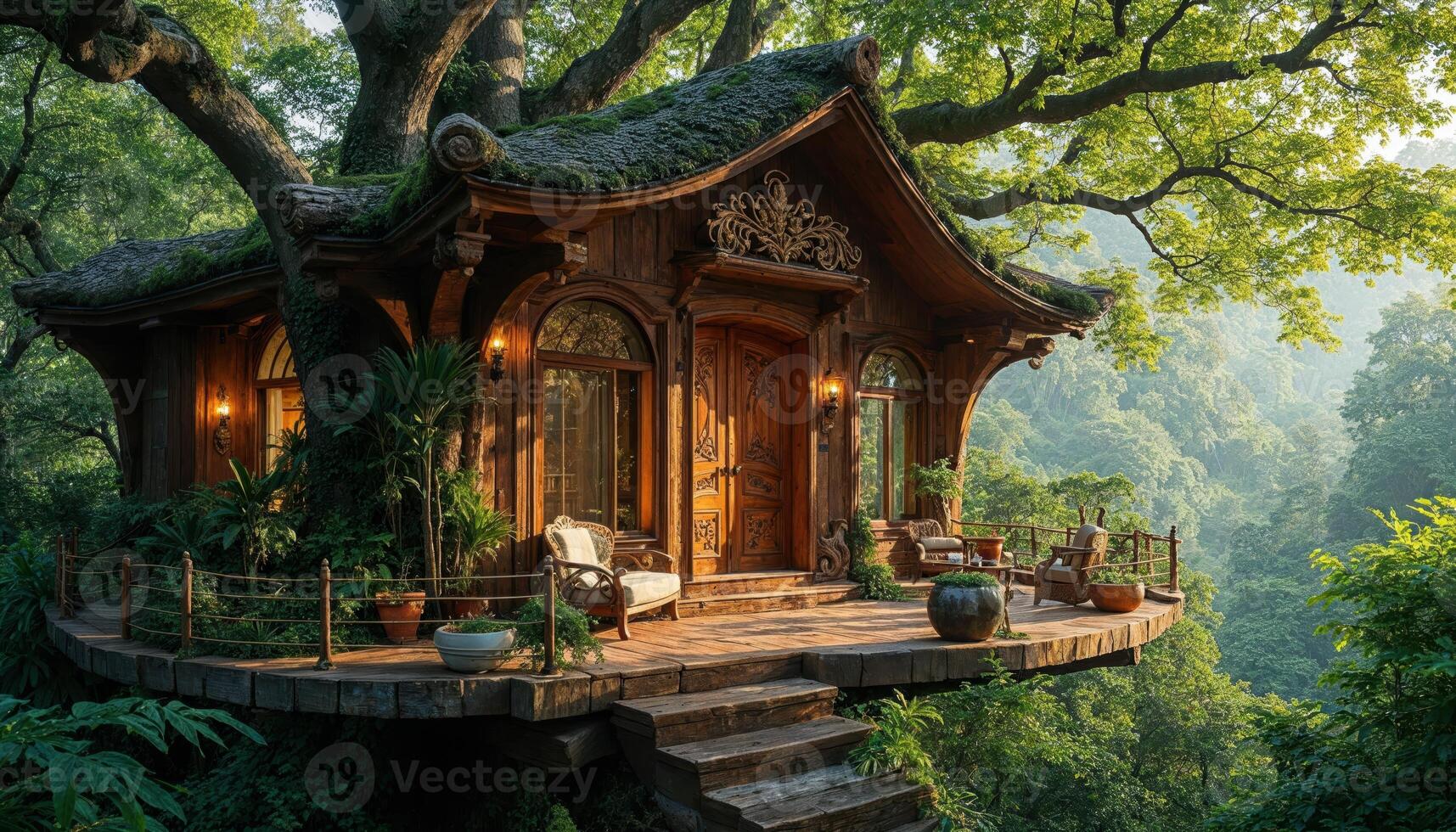 Rustic treehouse surrounded by lush greenery in serene forest setting photo