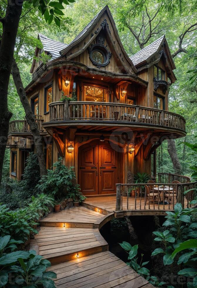 A charming two-story treehouse with a wooden balcony, nestled in a vibrant forest. The structure is adorned with greenery, offering a serene retreat in nature. photo