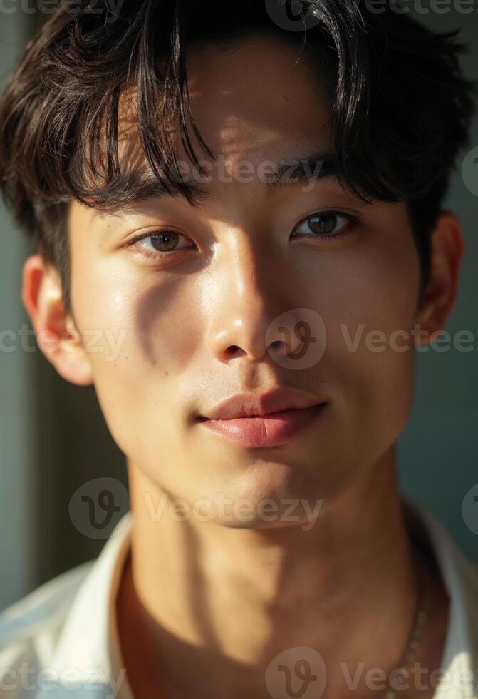Close-up portrait of a young korean man with dark wavy hair, glowing in natural light. He gazes directly at the camera, displaying calm confidence and clear skin. photo