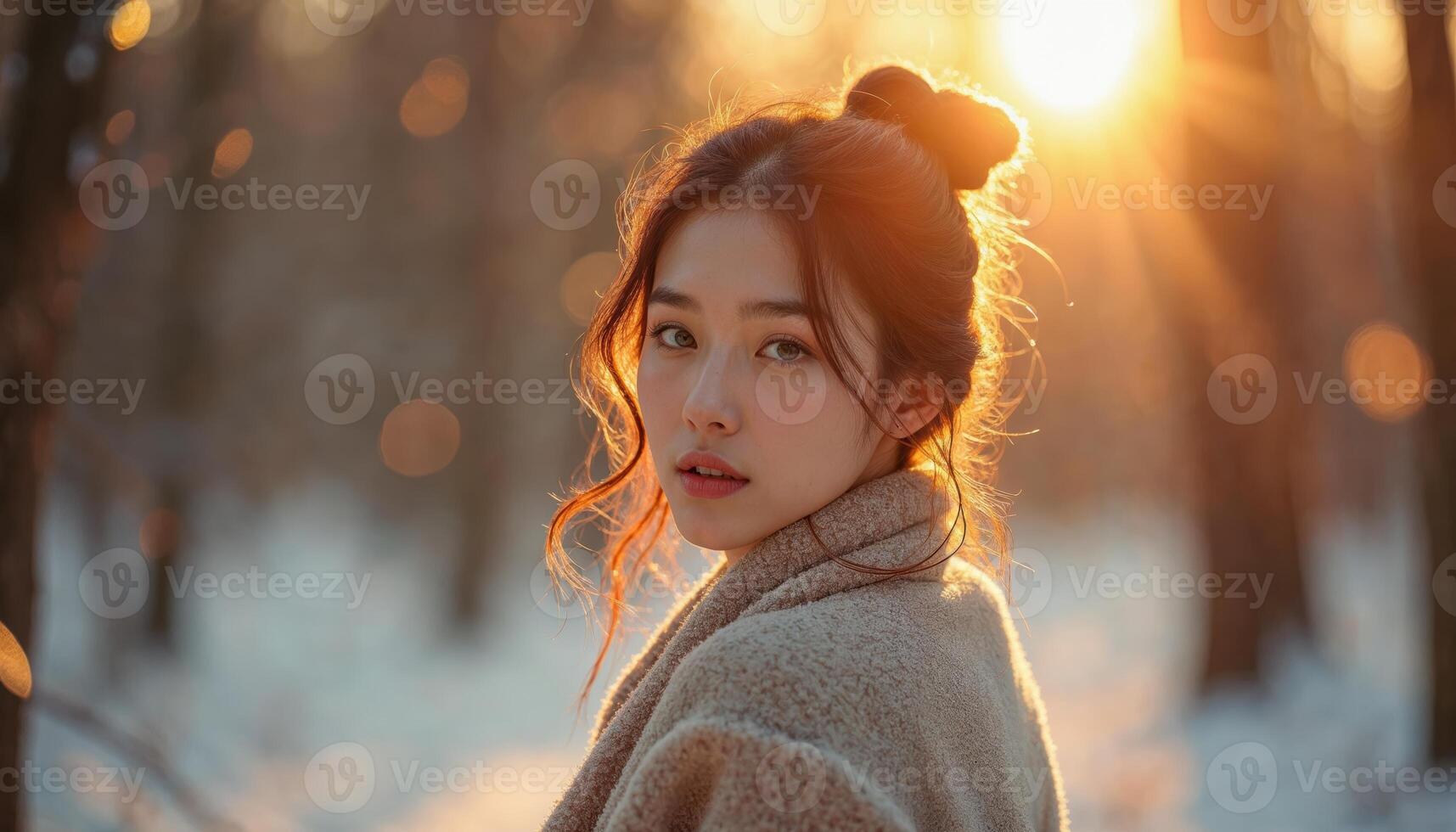 Young Korean Woman in Winter Forest at Sunset photo