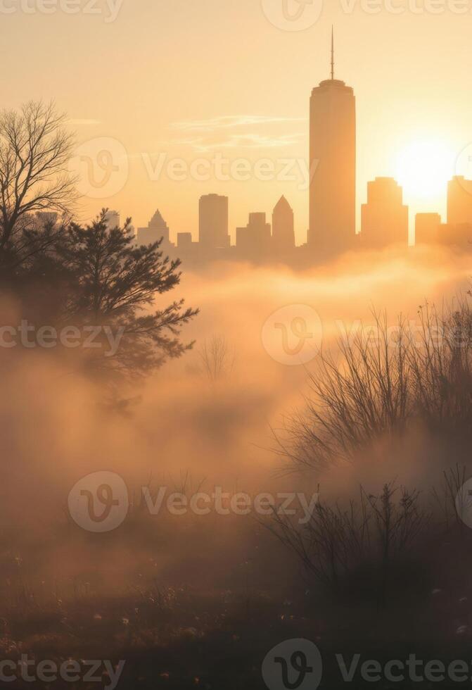 Morning fog in city park with skyline view of tall skyscraper through autumn trees photo
