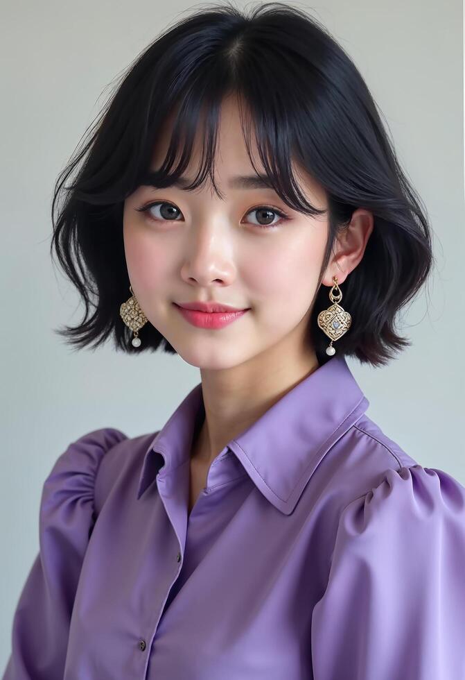 Close-up portrait of a young korean girl with short black hair, wearing gold earrings and a purple blouse, looking directly at the camera. photo