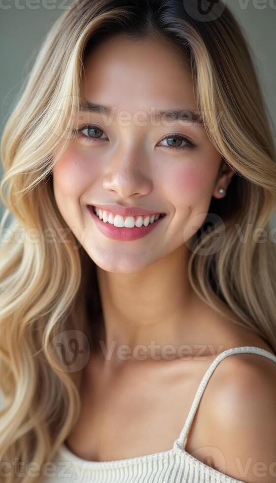 Close-up portrait of a young korean girl with natural makeup, gentle smile, and wavy hair, conveying warmth, beauty, and a relaxed expression. photo