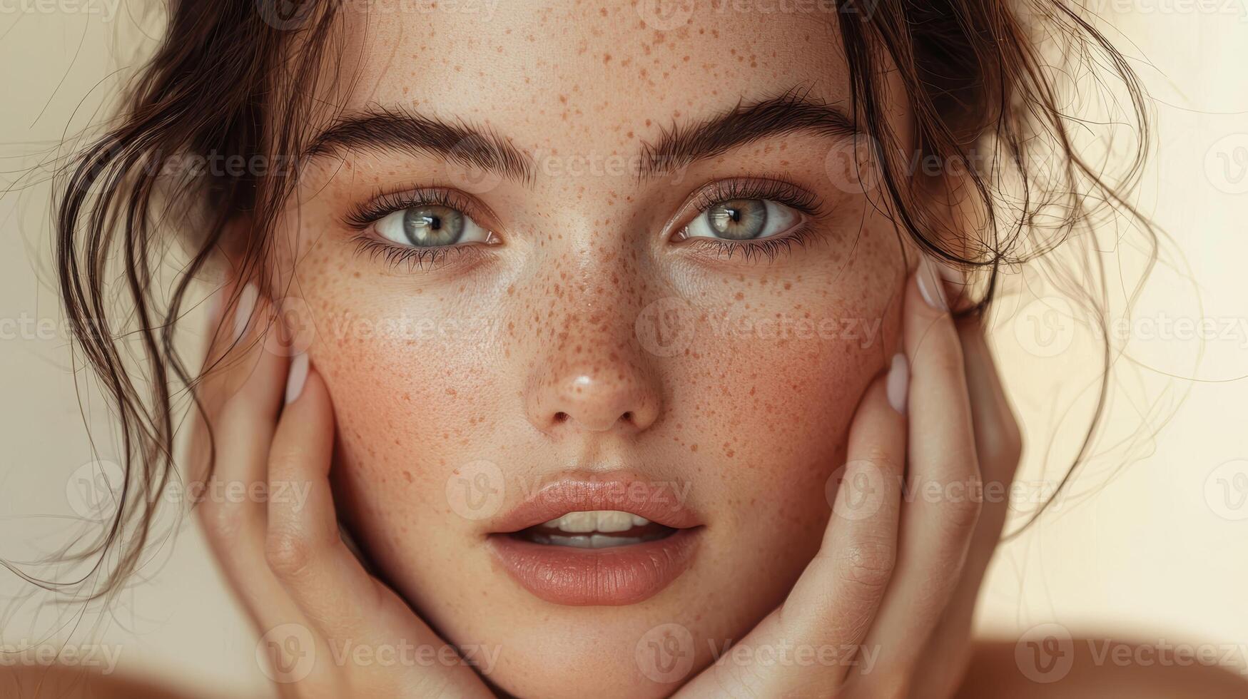 In a commercial setting, a close-up of a European woman with dark brown hair and clear skin, her surprised expression and soft hands touching her face make her perfect for a skincare or cosmetic photo