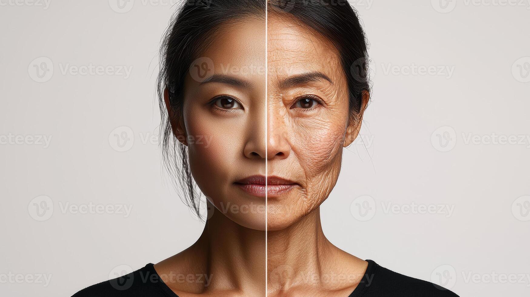 Advertisement image featuring a Southeast Asian woman face split into two halves, one side showcasing vibrant, youthful skin, and the other side illustrating the aging process with wrinkles photo