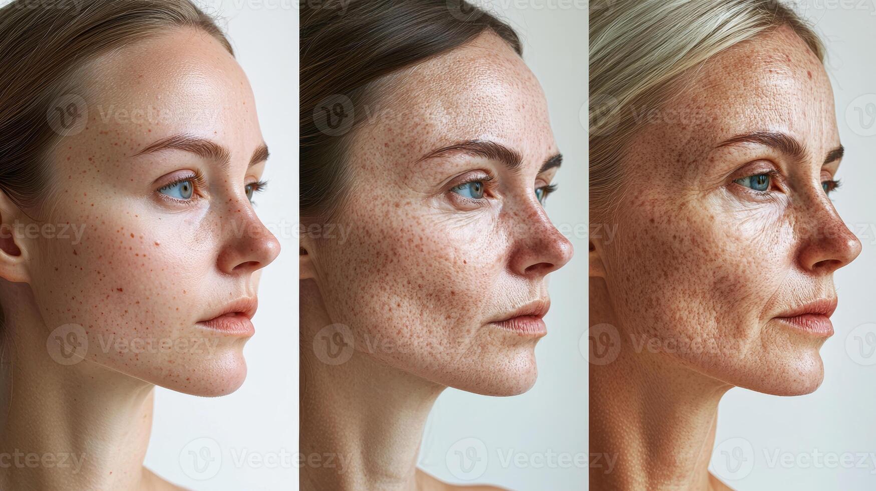 Commercial-style triptych image showing the aging process of a European woman's face, from smooth youthful skin on the left, developing wrinkles in the middle, to deep lines and aged skin on photo