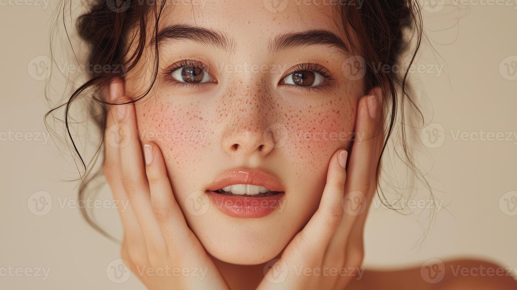 Advertisement image of a young Asian woman with freckles, showing an expression of astonishment with her mouth slightly agape and hands on her cheeks, her glowing skin emphasized by the warm photo