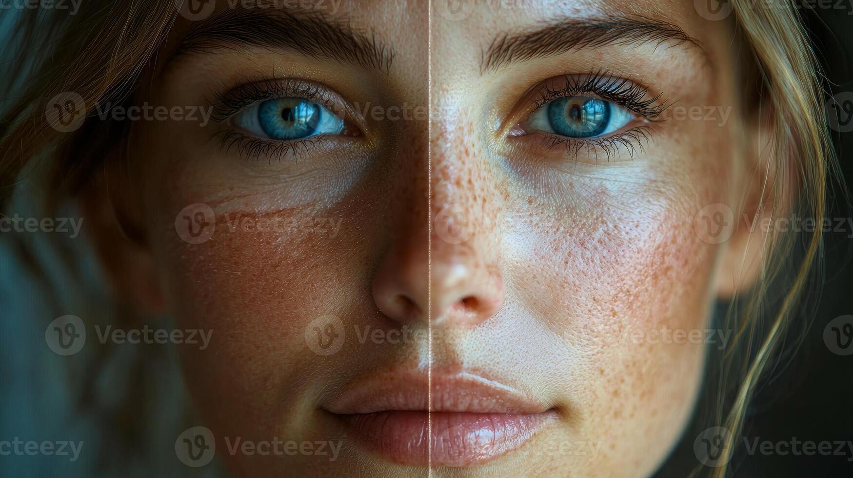 Commercial split-face image of a European woman, highlighting the contrast between youthful, flawless skin on one side and the signs of aging on the other, such as deep wrinkles, perfect for photo