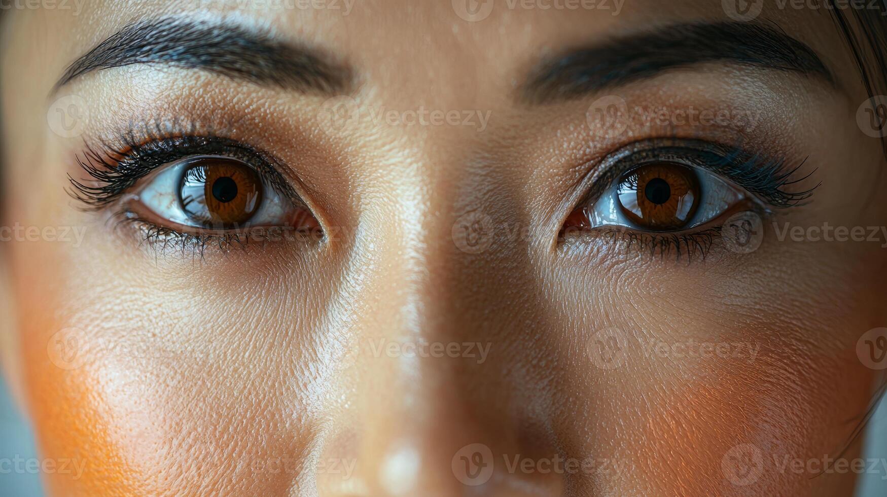 Advertisement close-up of a mature Asian woman's eyes, emphasizing the fine lines and natural skin texture around them, ideal for skincare or beauty brands targeting aging skin, the photo includes