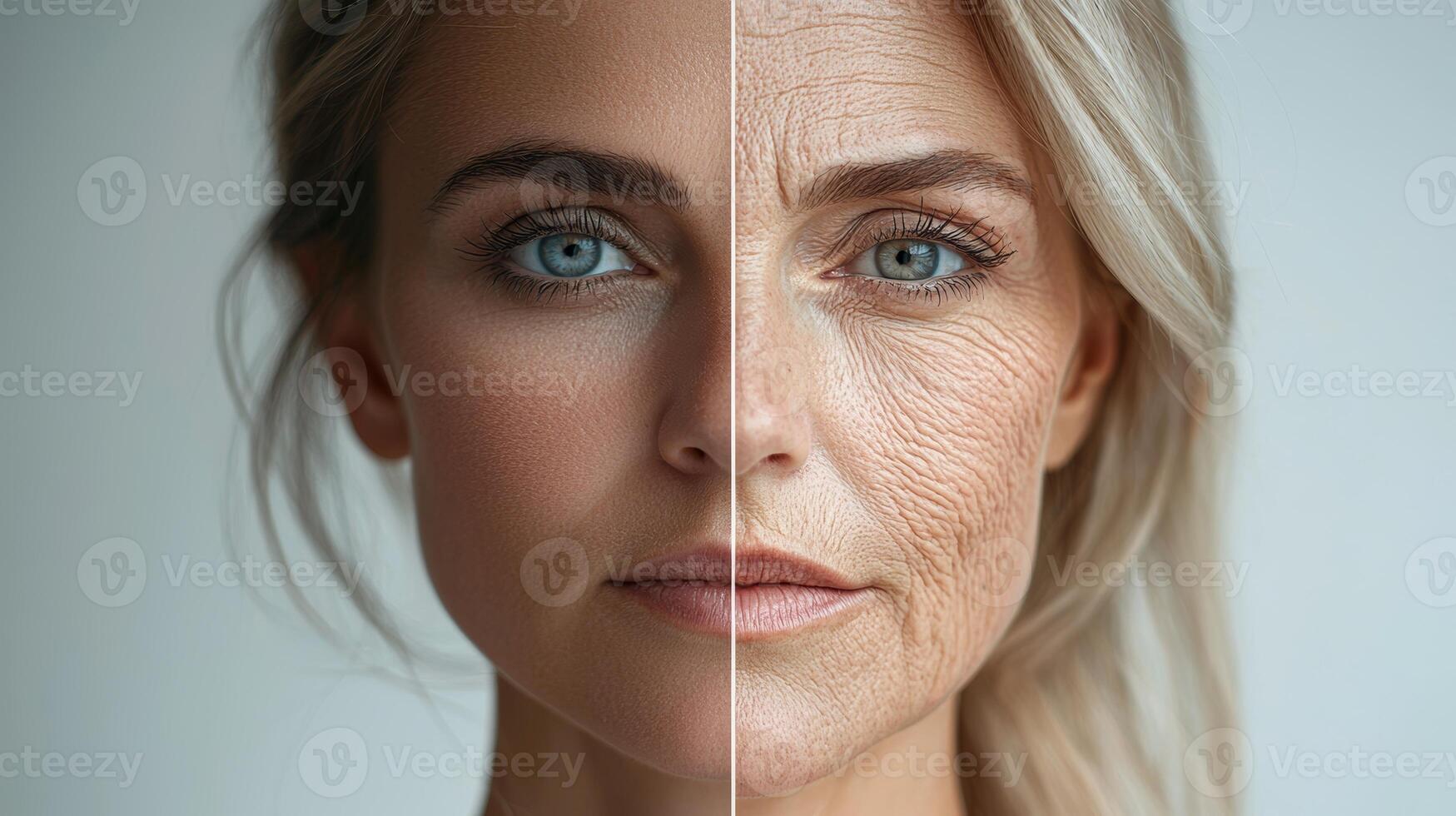 In a clean, minimalist setting, a European woman face is divided into two halves, with one side showing smooth, youthful skin and the other displaying pronounced aging effects like wrinkles, photo