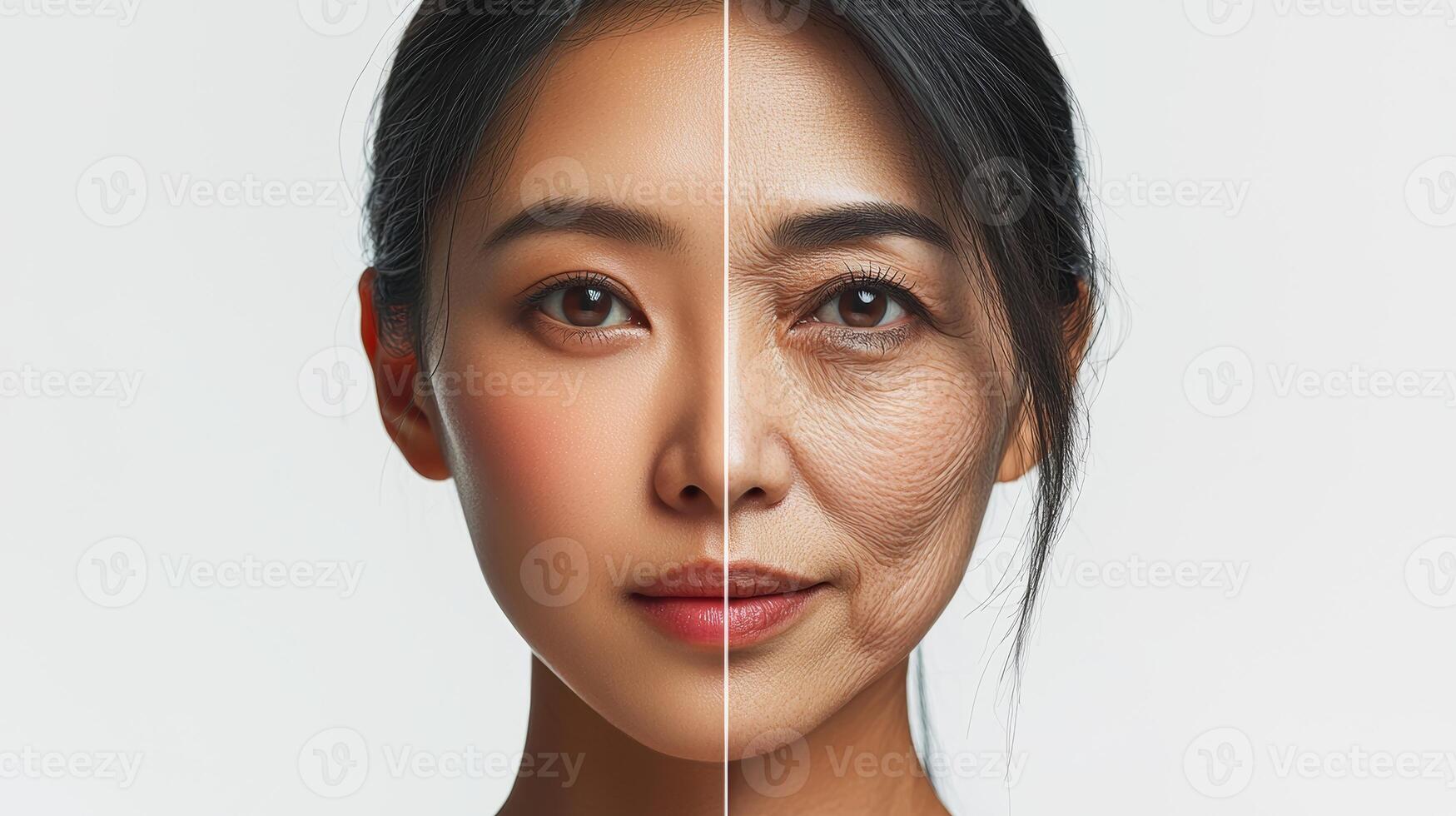 Advertisement image featuring a Southeast Asian woman face split into two halves, one side showcasing vibrant, youthful skin, and the other side illustrating the aging process with wrinkles photo