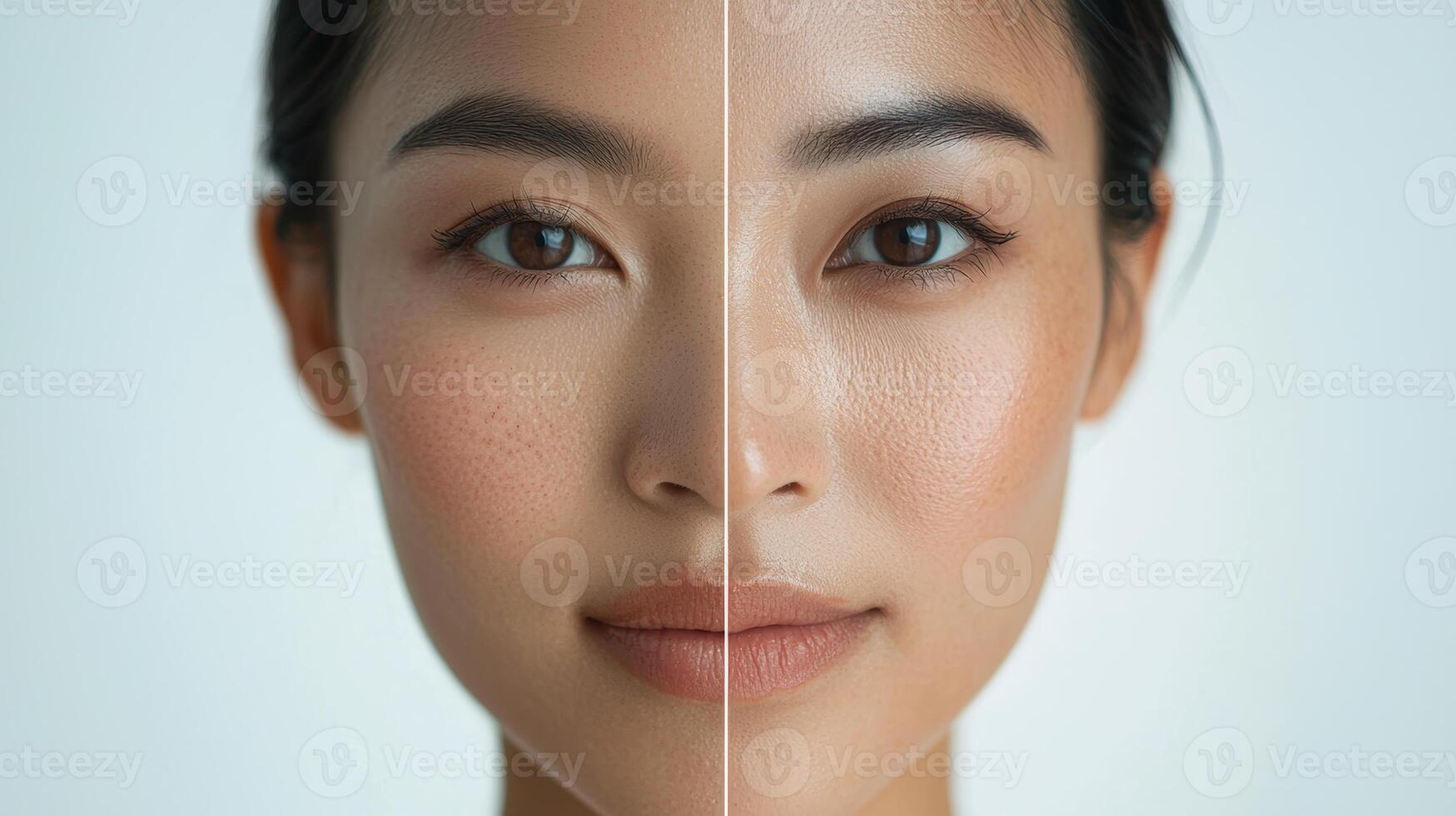 Advertisement image featuring a Southeast Asian woman face split into two halves, one side showcasing vibrant, youthful skin, and the other side illustrating the aging process with wrinkles photo