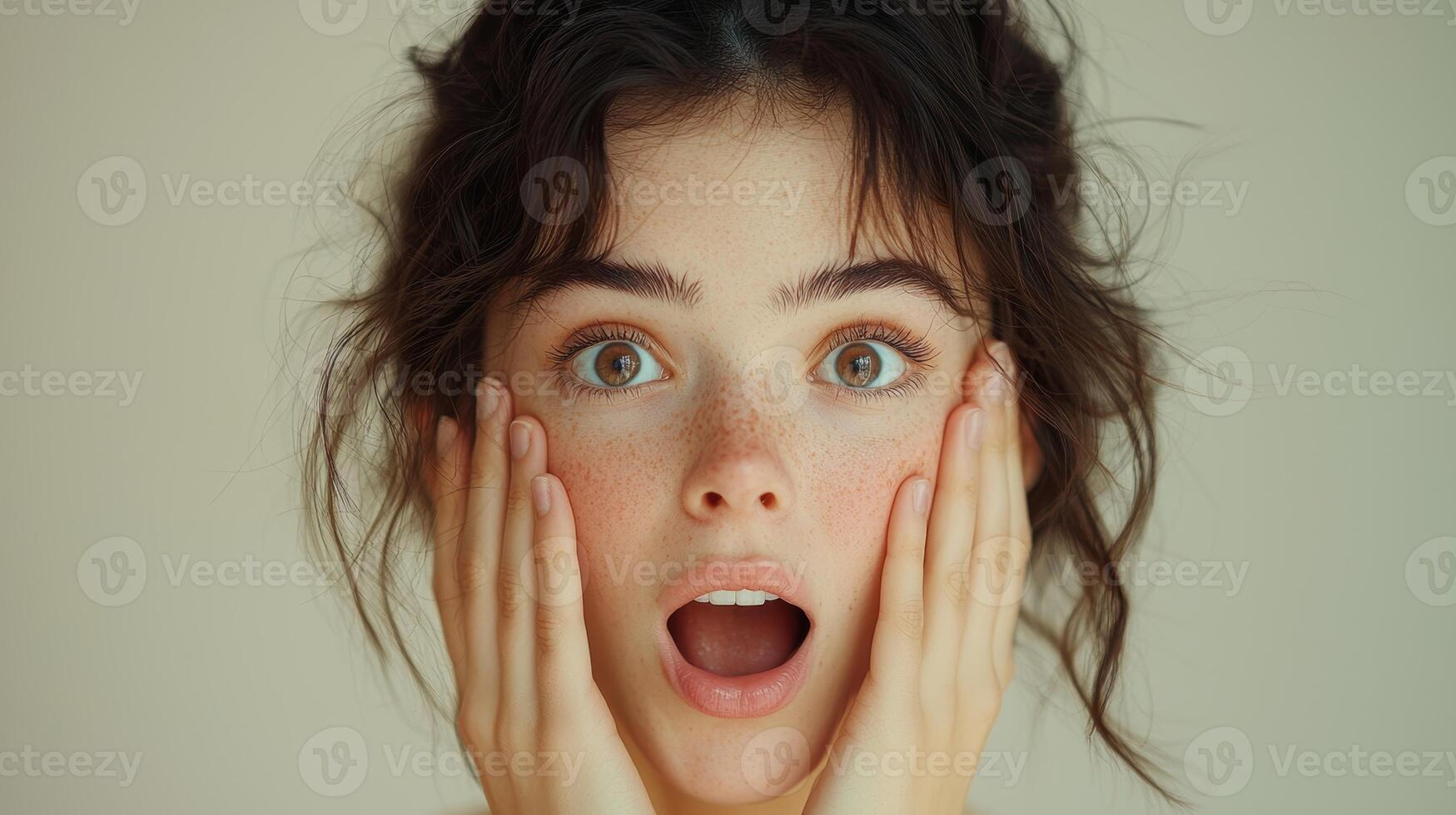 Commercial-style close-up of a young European woman with dark brown hair, expressing surprise with wide eyes and mouth open, her hands gently pressing against her cheeks, her flawless skin highlighted photo