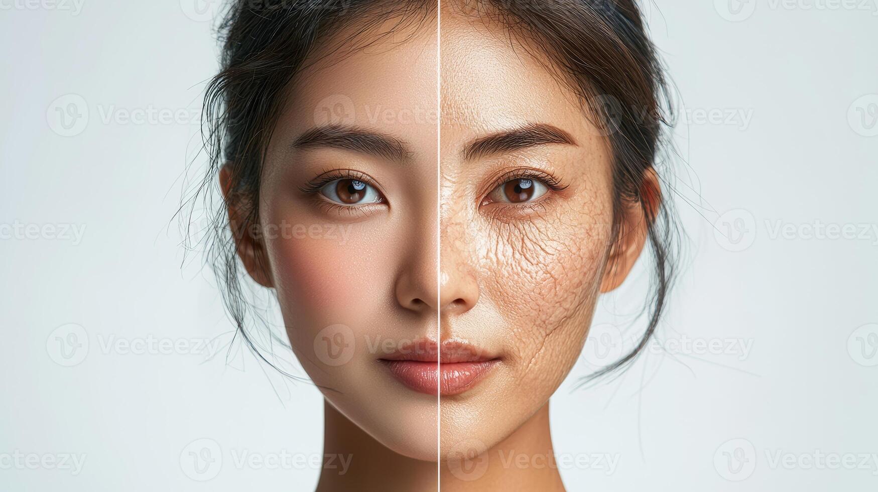 Advertisement image featuring an Asian woman face split into two halves, one side showcasing vibrant, youthful skin, and the other side illustrating the aging process with wrinkles and sagging photo